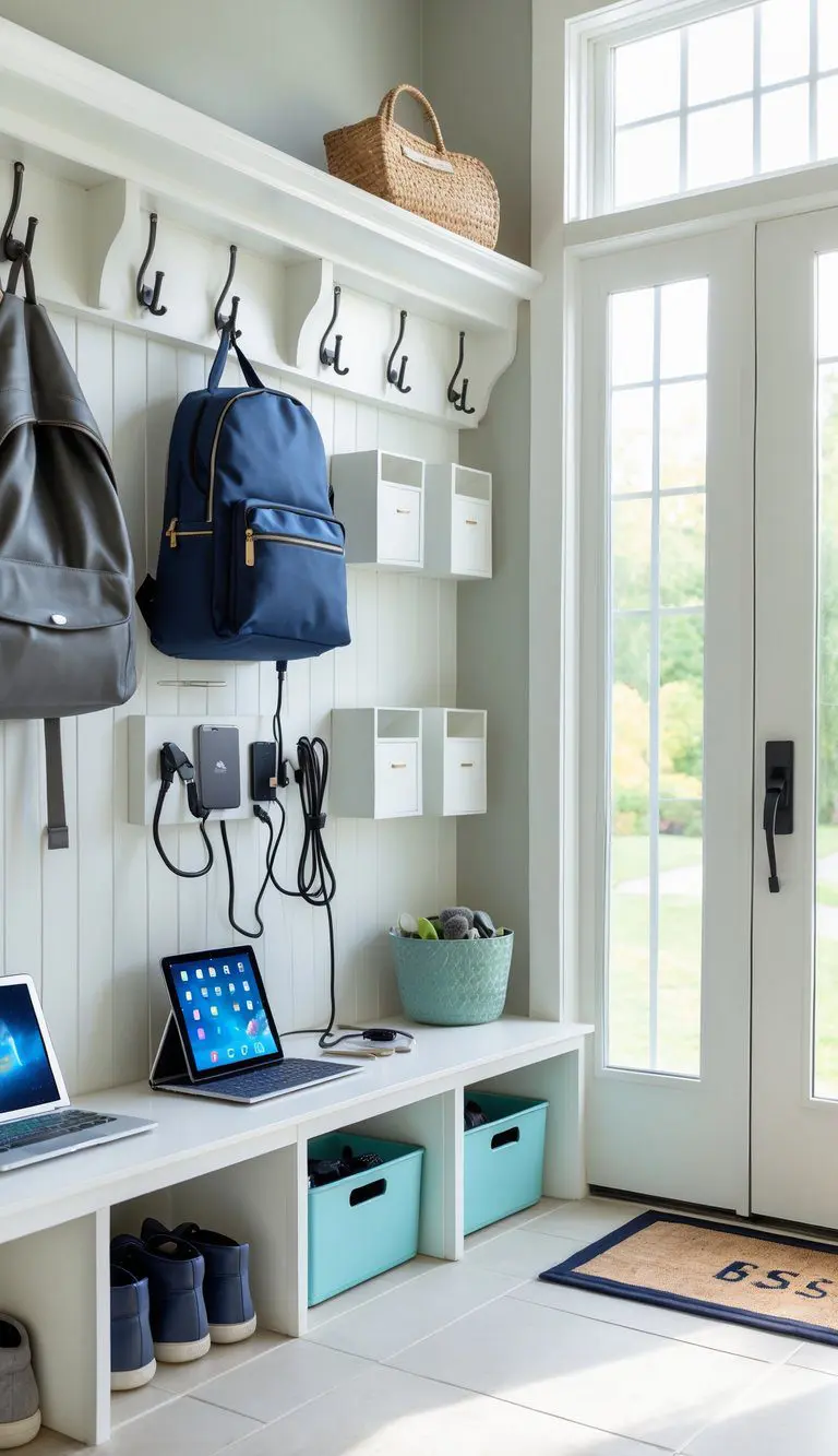 A neat mudroom with a charging station for electronic devices, organized storage bins, hooks for backpacks and coats, and a bench with shoe storage.