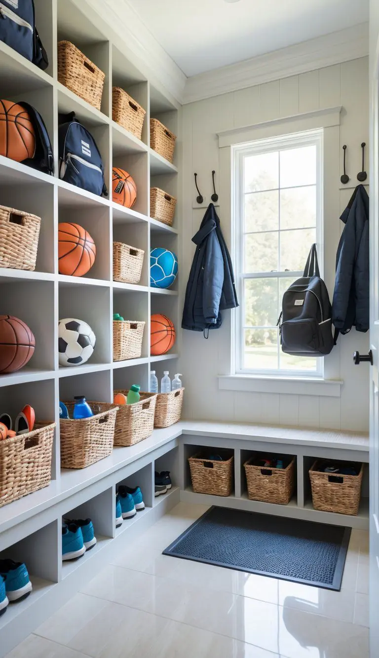 A mudroom with shelves holding baskets filled with sports gear like balls and helmets, hooks with backpacks and jackets, and a bench for sitting.