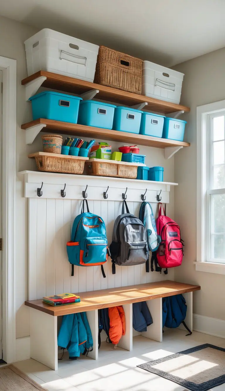 Mudroom with shelves above hooks holding storage bins and backpacks hanging below.