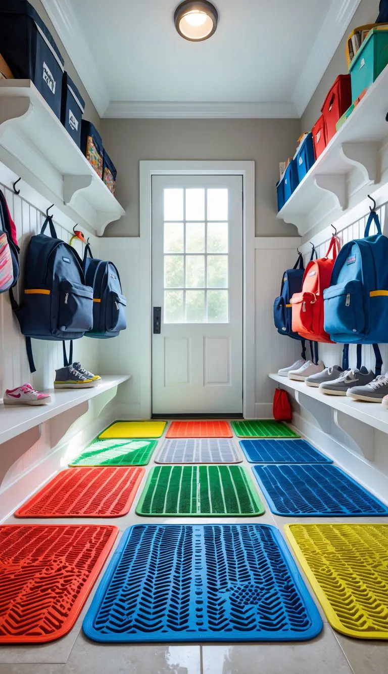 A clean and organized mudroom with washable mats on the floor, backpacks, shoes, and school supplies neatly arranged on shelves and hooks.