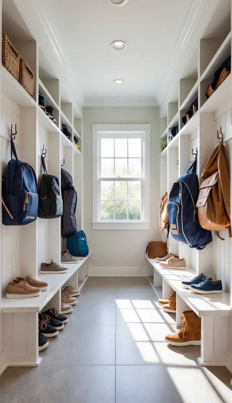 A mudroom with tall vertical shoe racks filled with shoes, cubbies for backpacks, and hooks for coats, all neatly organized.