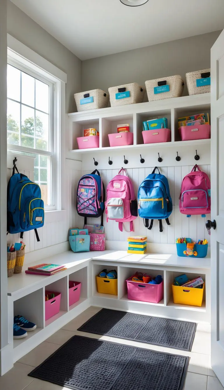 A clean and organized mudroom with storage areas containing backpacks, shoes, jackets, and school supplies neatly arranged for back-to-school use.
