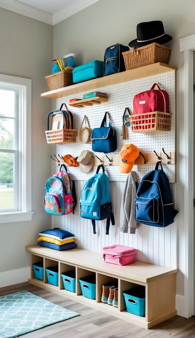 A mudroom with a pegboard holding backpacks, jackets, and school supplies, with cubbies and benches underneath.