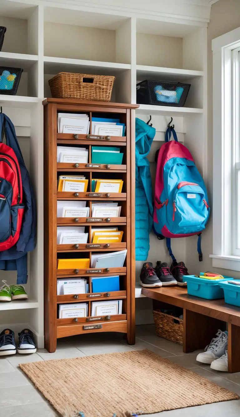 A mudroom with a wooden mail sorter filled with school papers, backpacks hanging on hooks, and a bench with shoes underneath.