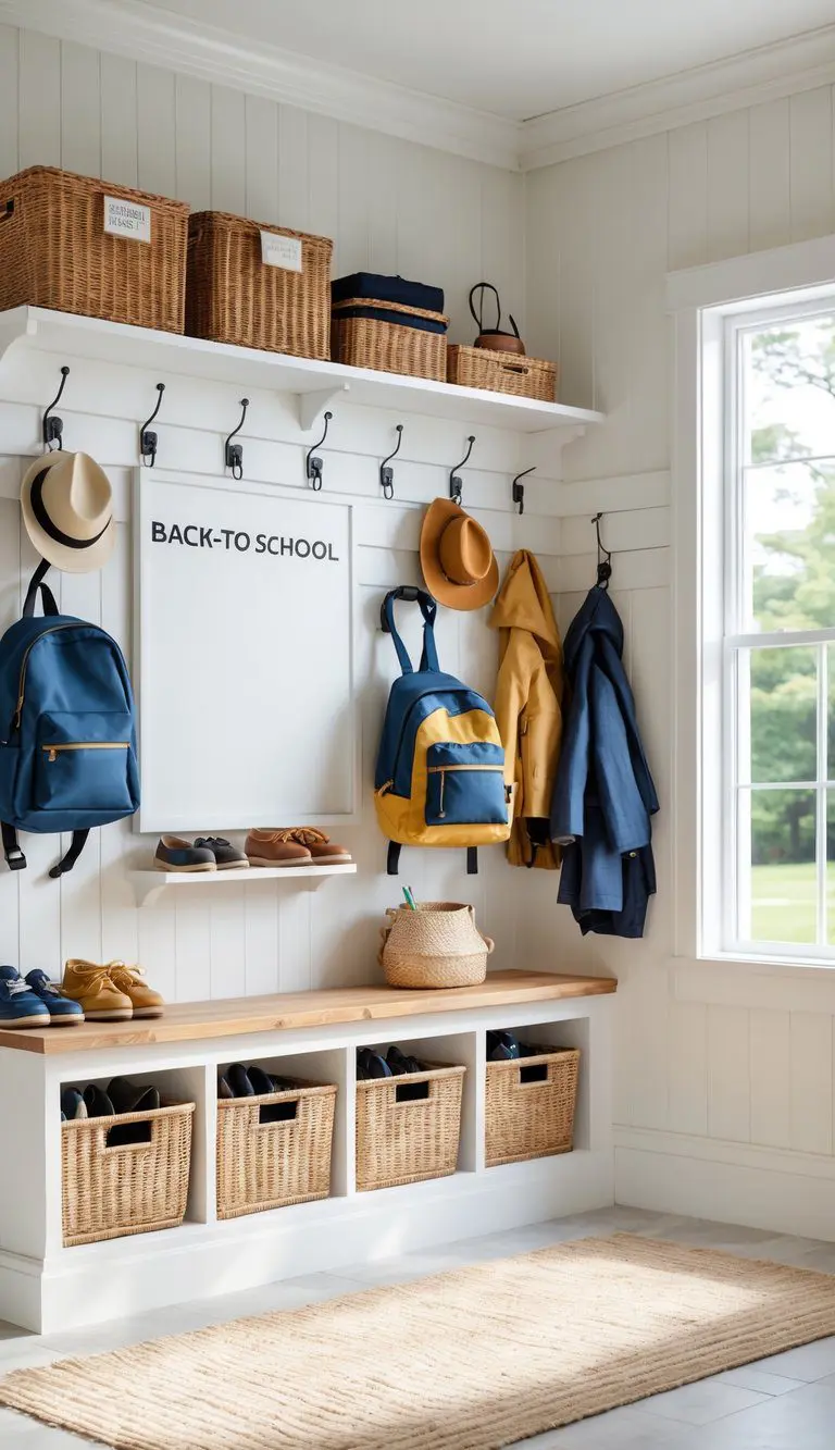 A tidy mudroom with a small whiteboard on the wall, hooks holding backpacks and coats, a bench with storage baskets underneath, and organized shelves with school supplies.