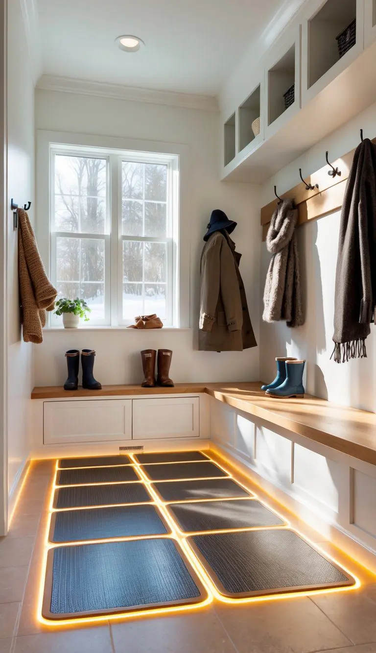 A well-organized mudroom with heated flooring, benches, coat hooks, and winter gear arranged neatly.