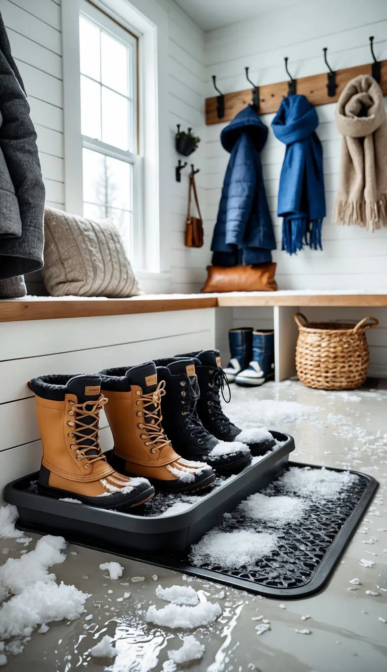 A winter mudroom with a boot tray holding wet boots and snow, coats hanging on hooks, and a bench with cushions near the entrance.