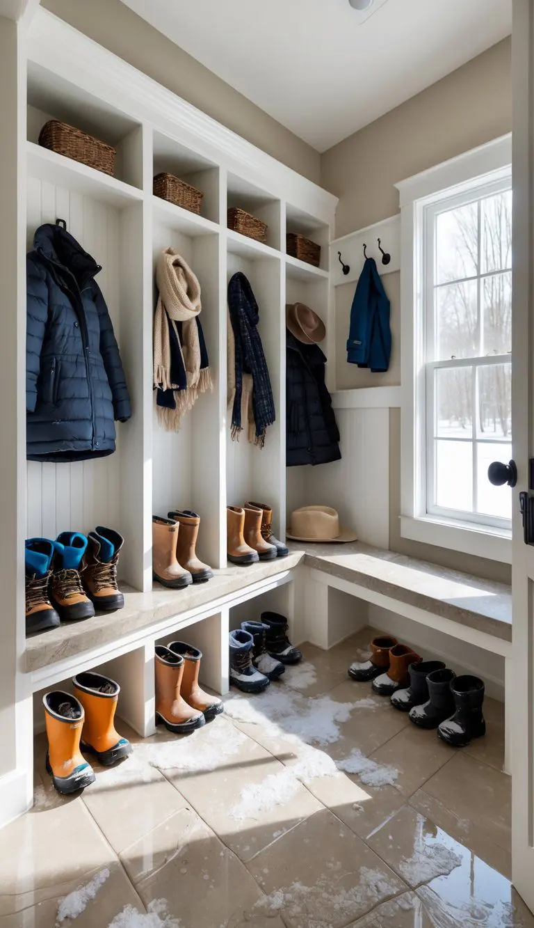 A mudroom with built-in cubbies holding boots and winter gear, a bench, hooks with coats, and a tiled floor with some snow and mud.