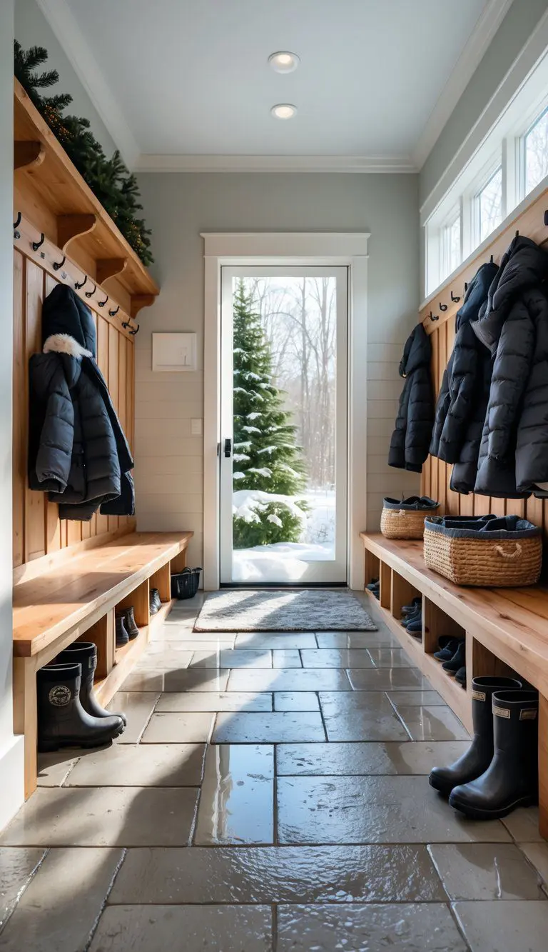 A mudroom with stone tile flooring, benches, hooks with winter coats, boots, and baskets near an entryway.