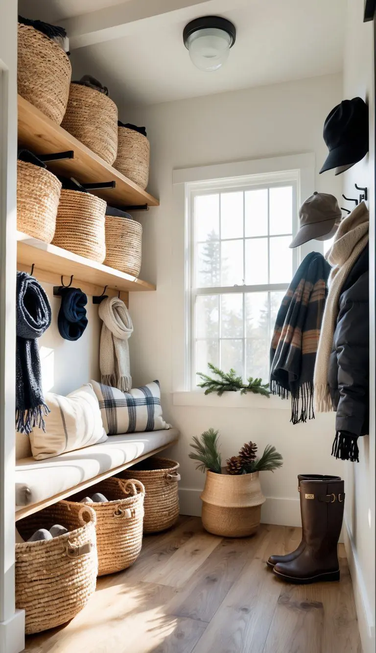 A mudroom with woven natural-fiber baskets on shelves holding winter accessories, coats hanging on hooks, and a bench nearby.
