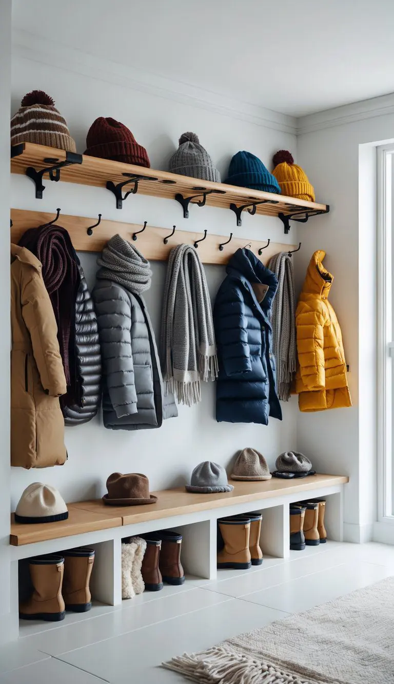 A mudroom with hooks and racks holding winter coats, scarves, hats, and boots neatly organized.