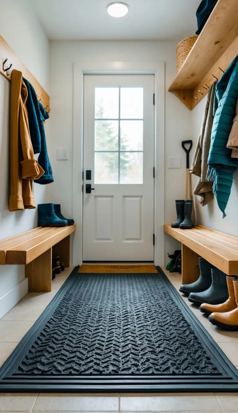 A mudroom with a weather-resistant door mat, wooden benches, hooks with winter coats, and shelves holding boots and winter accessories.
