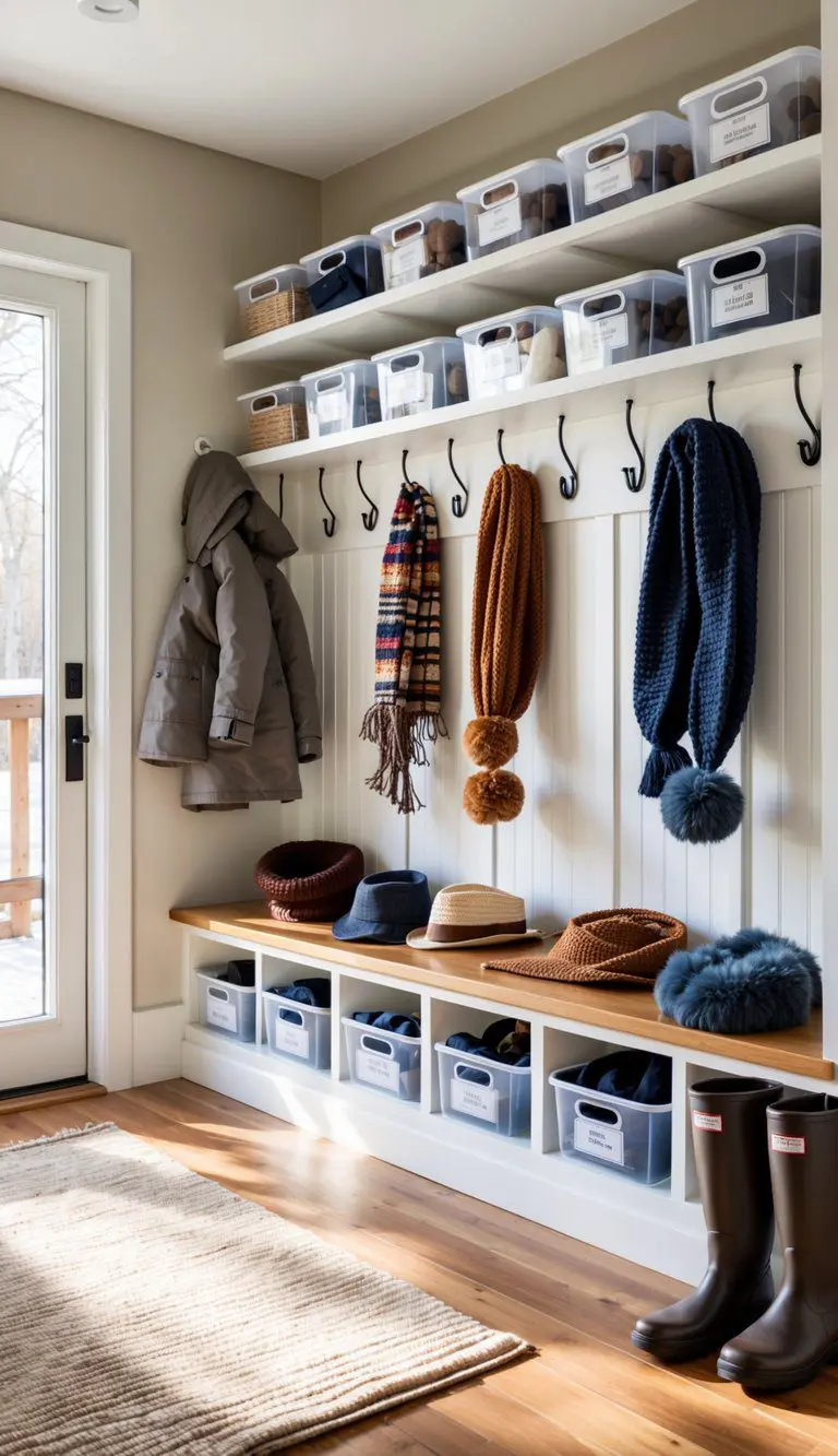 A tidy mudroom with clear storage bins holding winter accessories, coats hanging on hooks, and boots on a bench.
