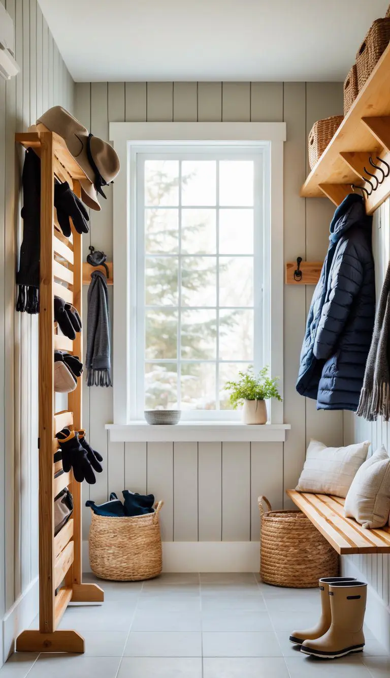 A winter mudroom with a drying rack holding wet gloves and hats, surrounded by boots, coats, and storage cubbies.