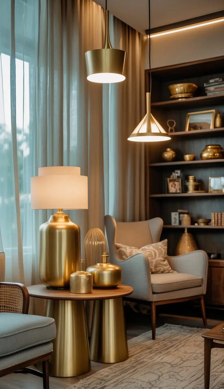 A cozy living room corner featuring brass decorative items, a brass table lamp, modern pendant lights, a retro armchair, and a bookshelf with vintage decor.