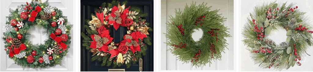 A bright red front door wreath with pinecones, berries, and a burlap bow to instantly cozy up your entryway.