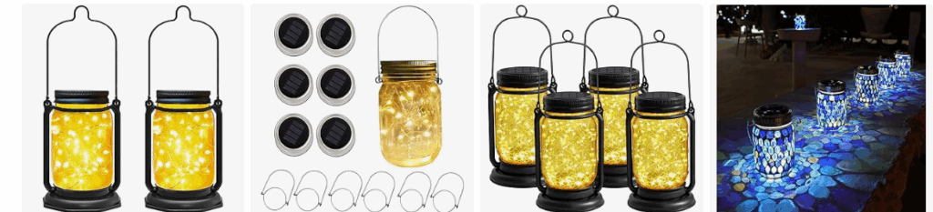 Mason jar lanterns filled with battery-operated candles, hung from hooks to add a charming rustic touch