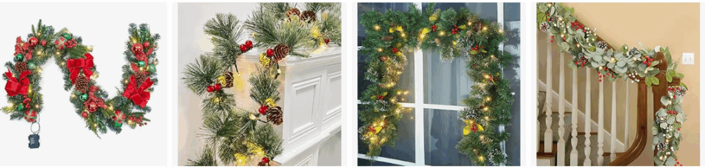 Twinkling string lights woven through a garland on the porch ceiling, creating a magical canopy effect
