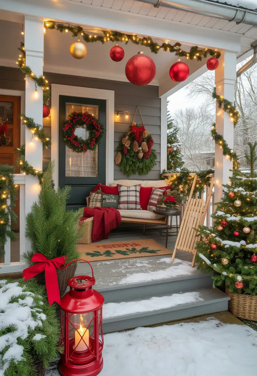 A porch decorated with Christmas wreath, fairy lights, ornaments, a small tree, lantern, sled, and festive greenery with snow on the ground.