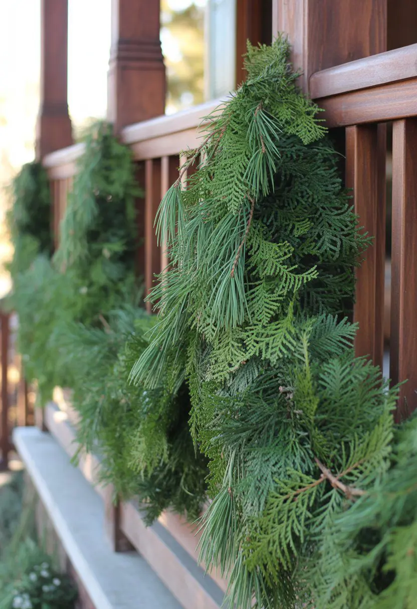 Porch railing decorated with pine and cedar garlands for Christmas.