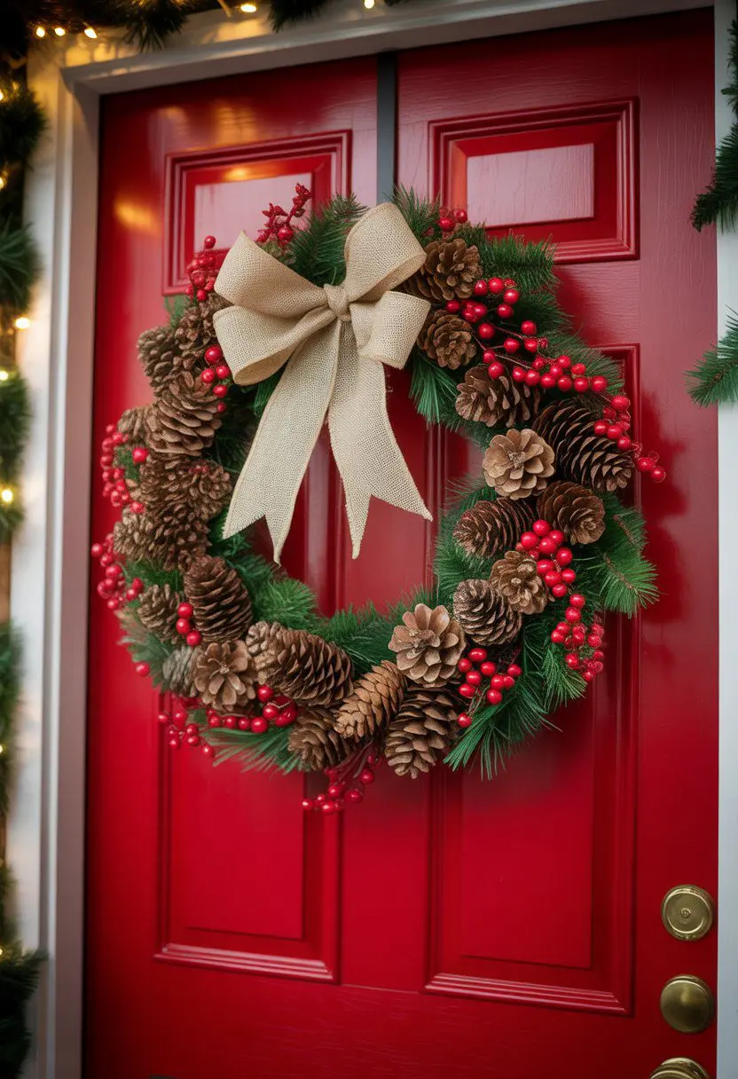 A bright red front door with a Christmas wreath made of pinecones, red berries, and a burlap bow hanging in the center.
