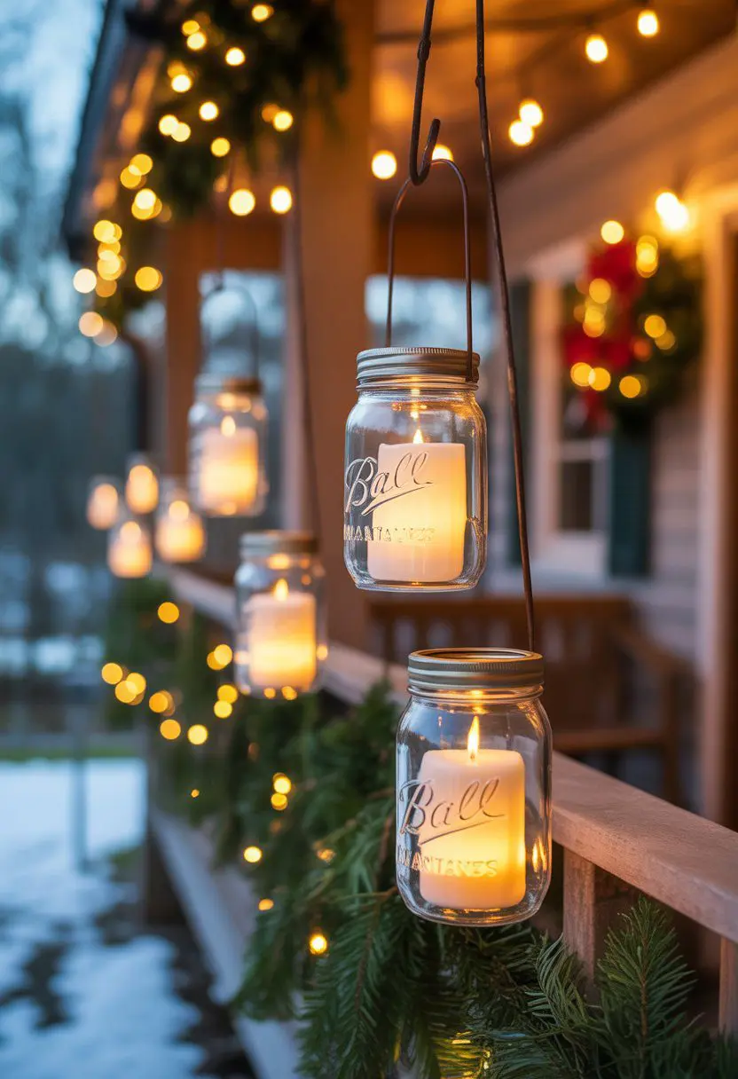 Mason jar lanterns with glowing candles hanging from hooks on a decorated Christmas porch.