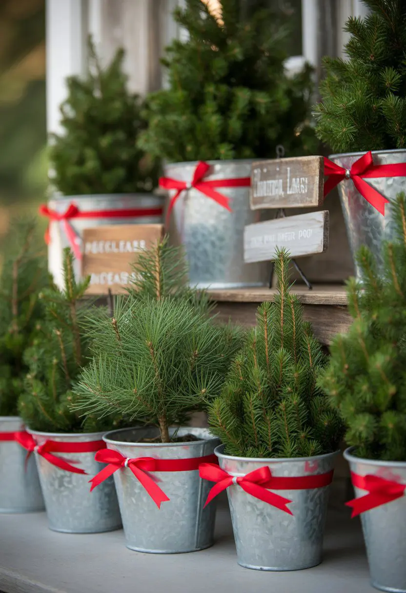 Miniature Christmas trees in metal pots decorated with red ribbons and small wooden signs arranged on a porch.