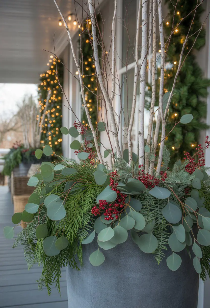 A large planter on a porch filled with white birch branches and eucalyptus leaves decorated for Christmas.