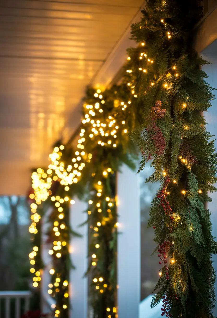 Porch ceiling decorated with twinkling string lights woven through a green garland creating a festive canopy.