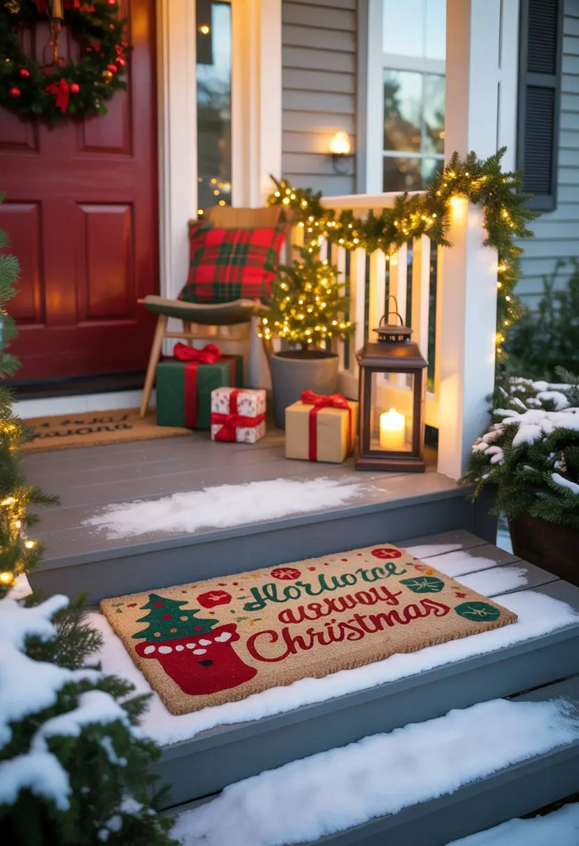 A decorated front porch with Christmas decorations including a wreath, string lights, a small evergreen tree, wrapped gifts, and a lantern.
