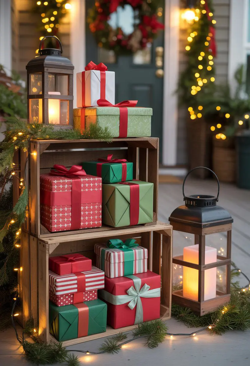 Outdoor Christmas porch with stacked wooden crates holding wrapped faux presents and lanterns, decorated for the holiday season.