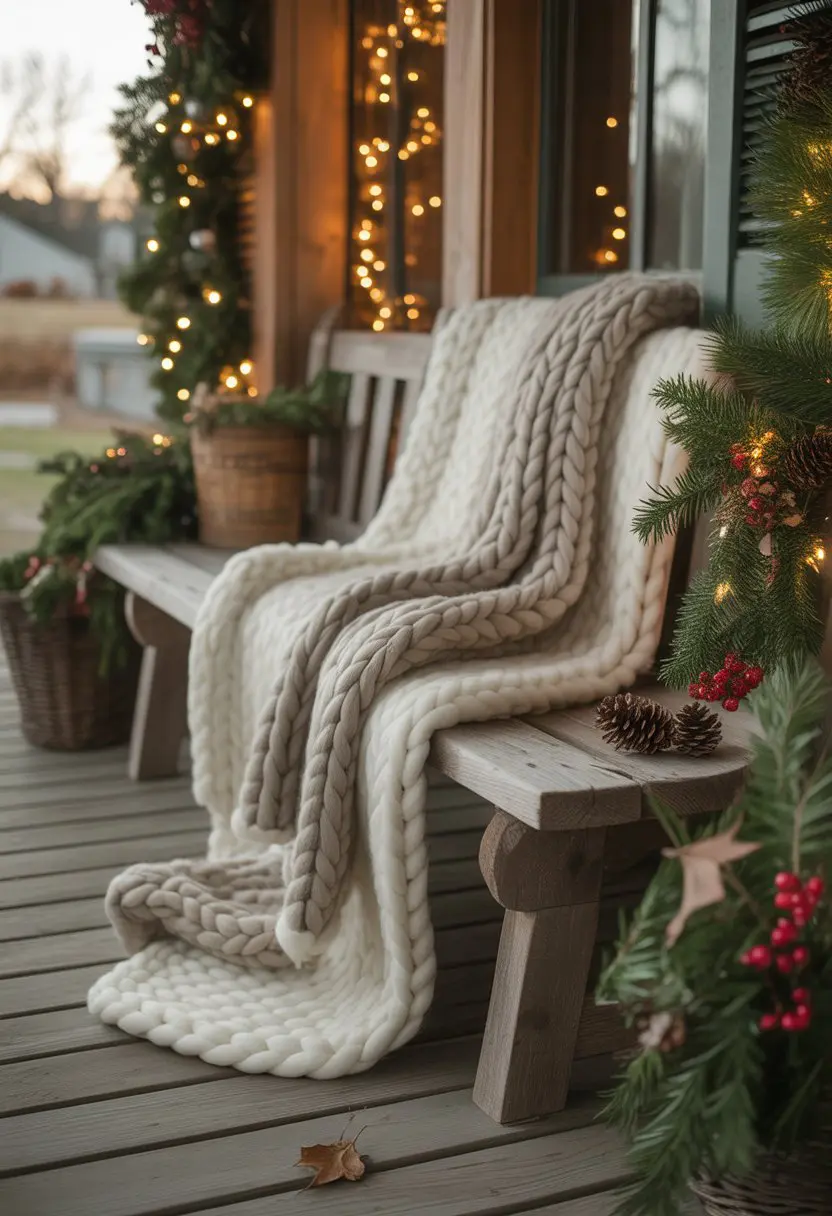 Chunky knit blankets folded on a wooden porch bench surrounded by Christmas decorations like garlands, pinecones, and string lights.