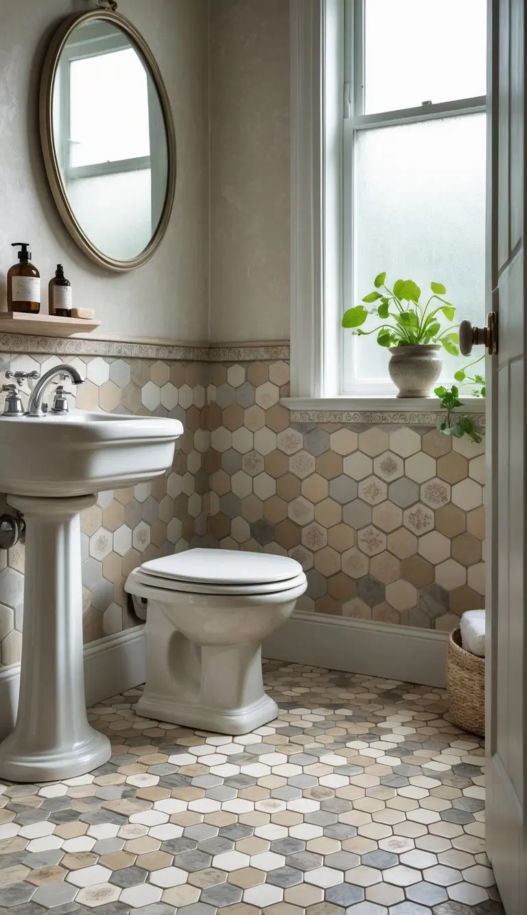A small bathroom with hexagonal patterned floor tiles, a white pedestal sink, a round mirror, and a wooden shelf with toiletries and a plant.