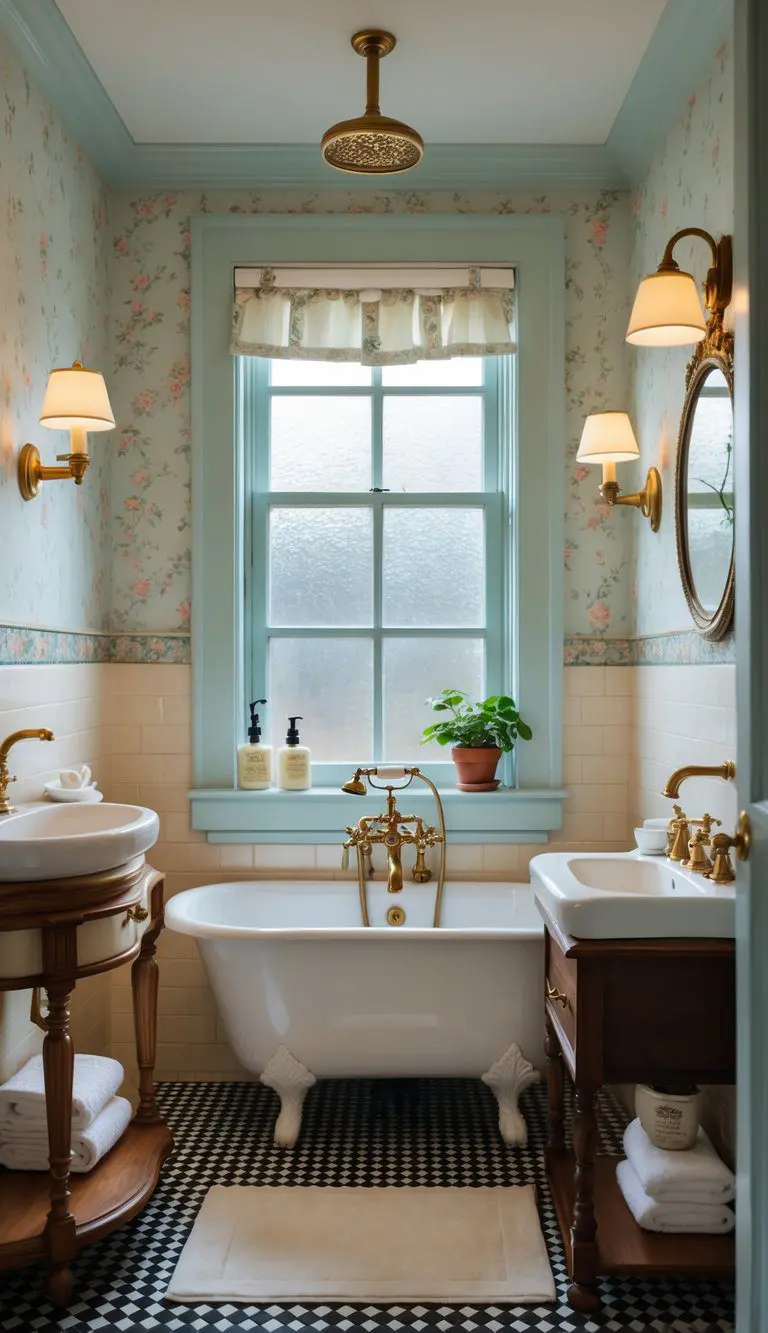 A small bathroom with a white clawfoot bathtub, wooden vanity with a round mirror, tiled floor, and natural light coming through a window.