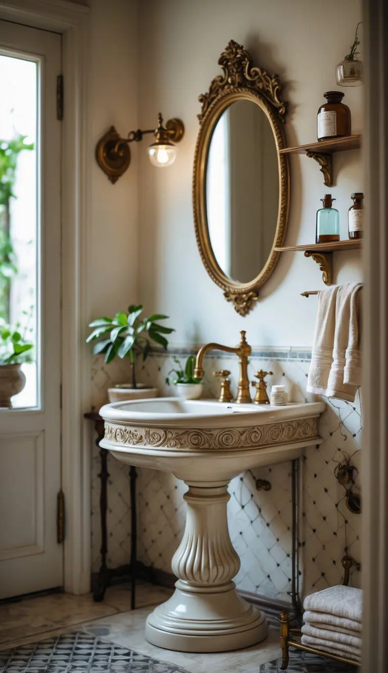 Small vintage bathroom with an ornate pedestal sink, patterned tiles, and a framed mirror.