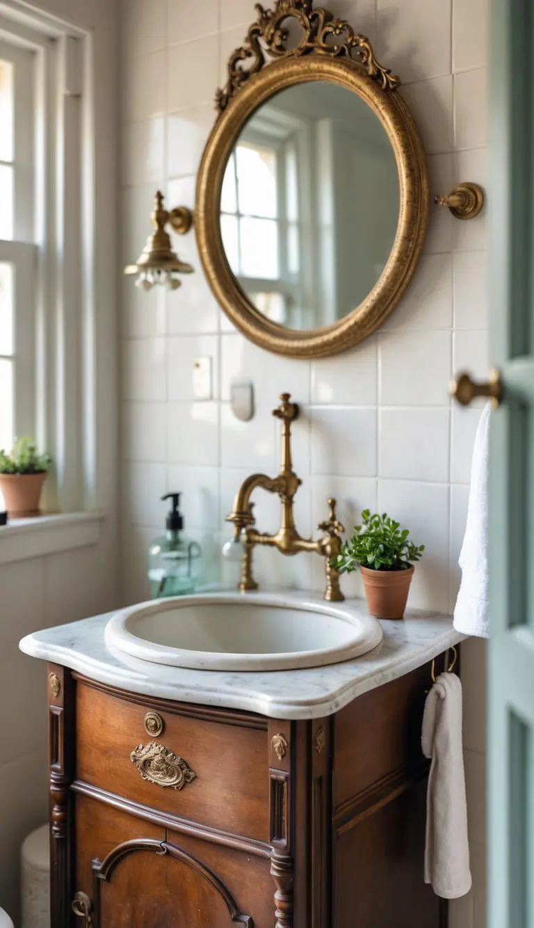A small antique wooden vanity with a marble top in a compact bathroom setting, featuring a ceramic sink, brass faucet, a round mirror above, and some bathroom accessories.