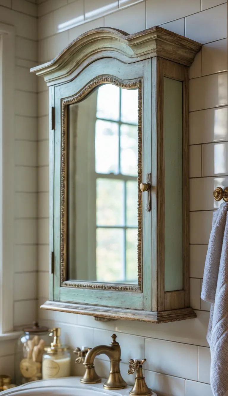 A vintage medicine cabinet with a beveled mirror installed above a bathroom sink surrounded by classic bathroom fixtures.