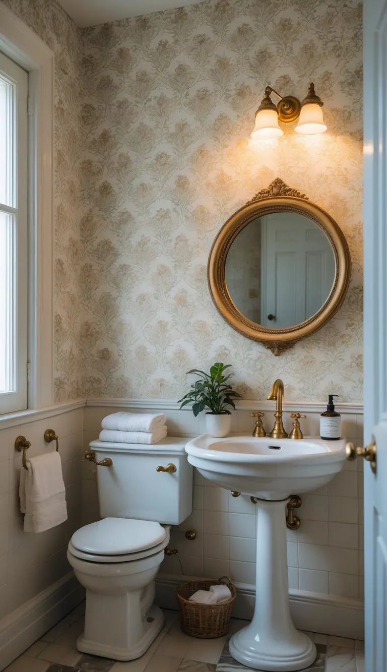 A small bathroom with a decorative wallpaper accent wall, a pedestal sink, round mirror, and vintage fixtures.