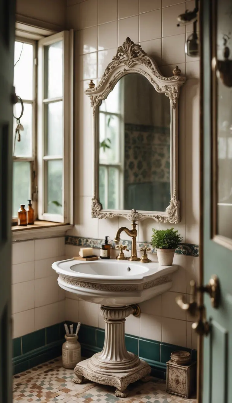 A small bathroom with a classic pedestal mirror featuring a decorative frame, a sink with brass fixtures, and vintage bathroom accessories.