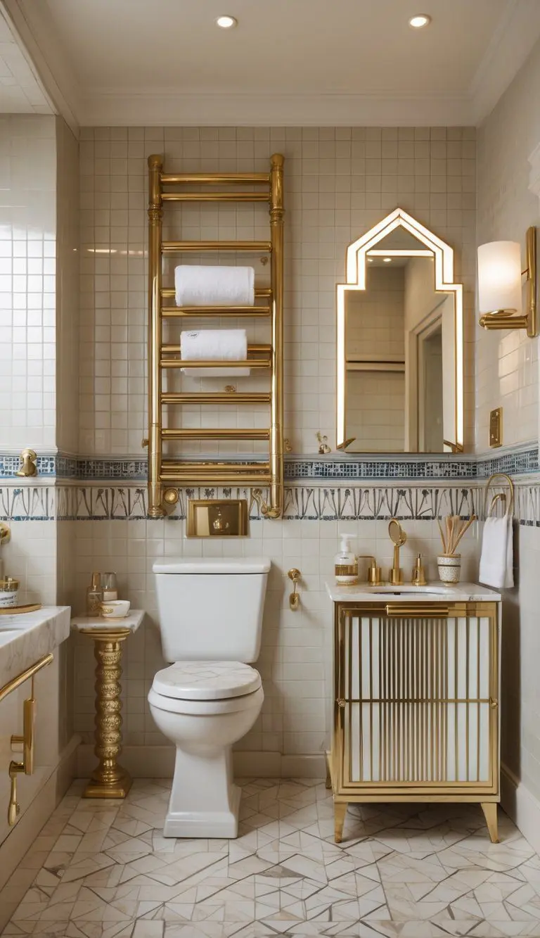 A bright bathroom with multiple towel racks and accessories arranged neatly around a small vanity and mirror.