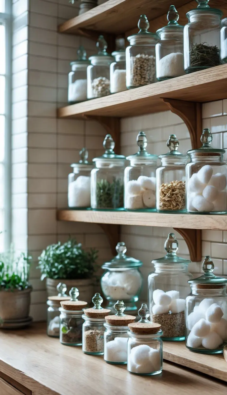 A collection of 15 small vintage glass apothecary jars displayed on wooden shelves in a bathroom, filled with various bath essentials.