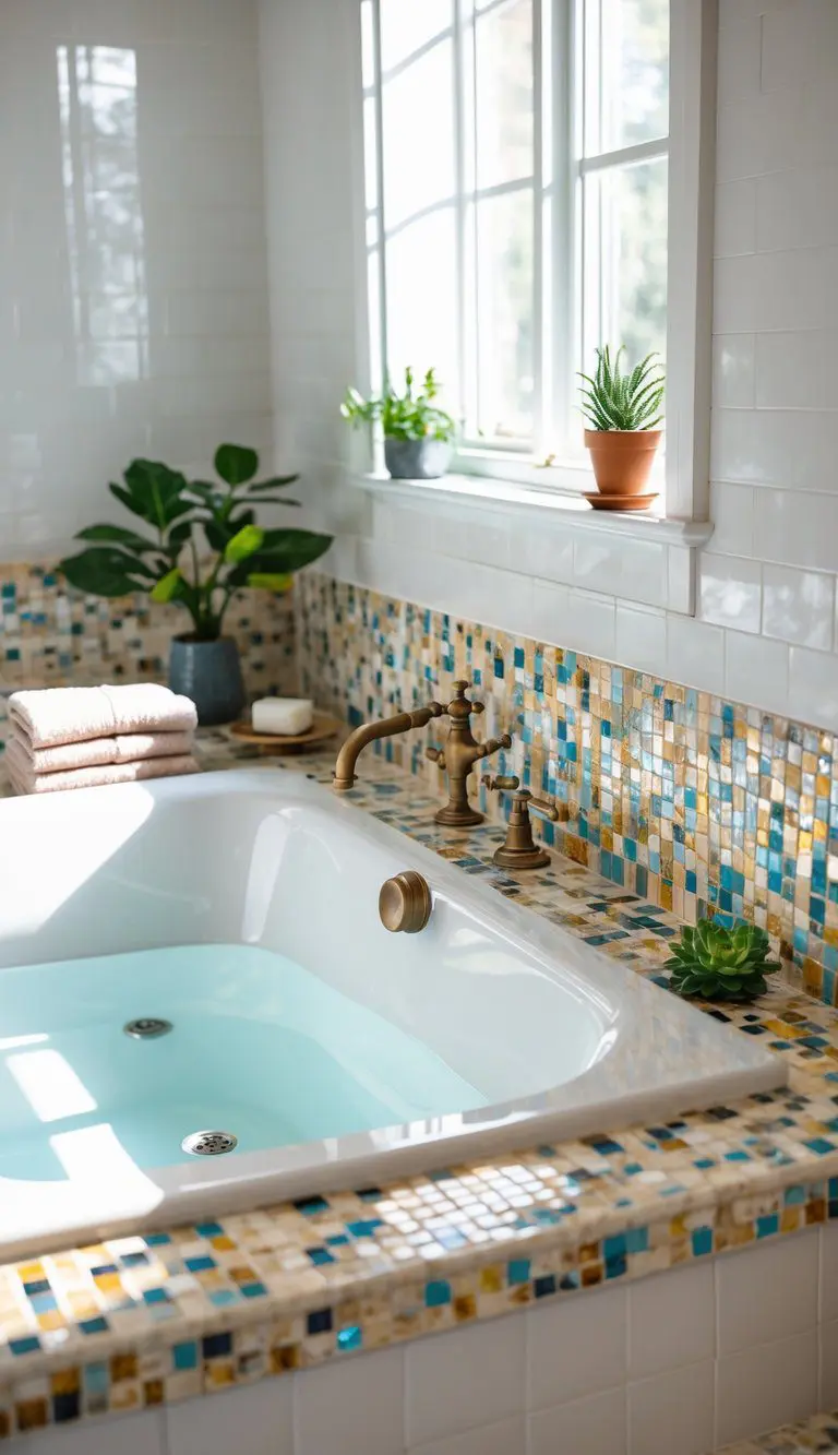A bathroom with a bathtub and sink that have mosaic tile accents around them, with a small plant and towels nearby.