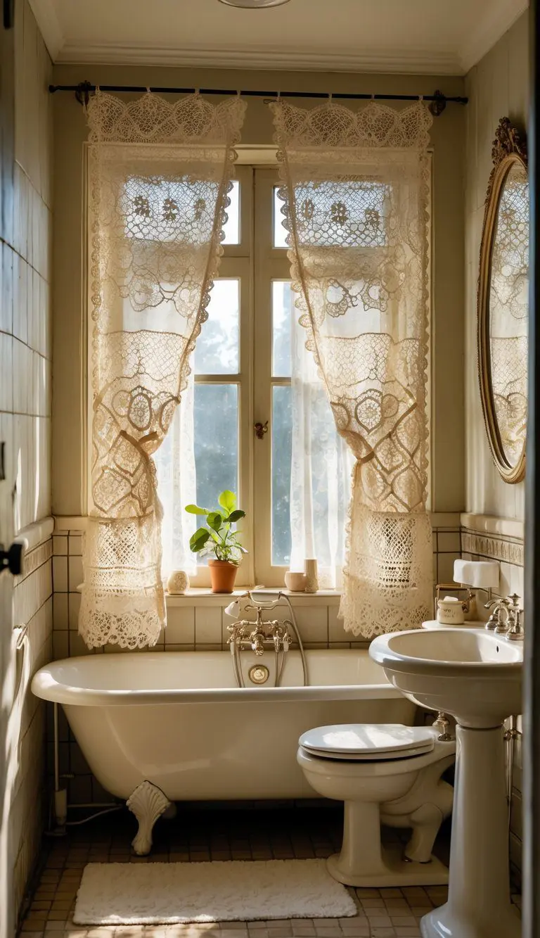 Small bathroom with a window covered by lace curtains, a clawfoot bathtub, pedestal sink, and vintage decor.
