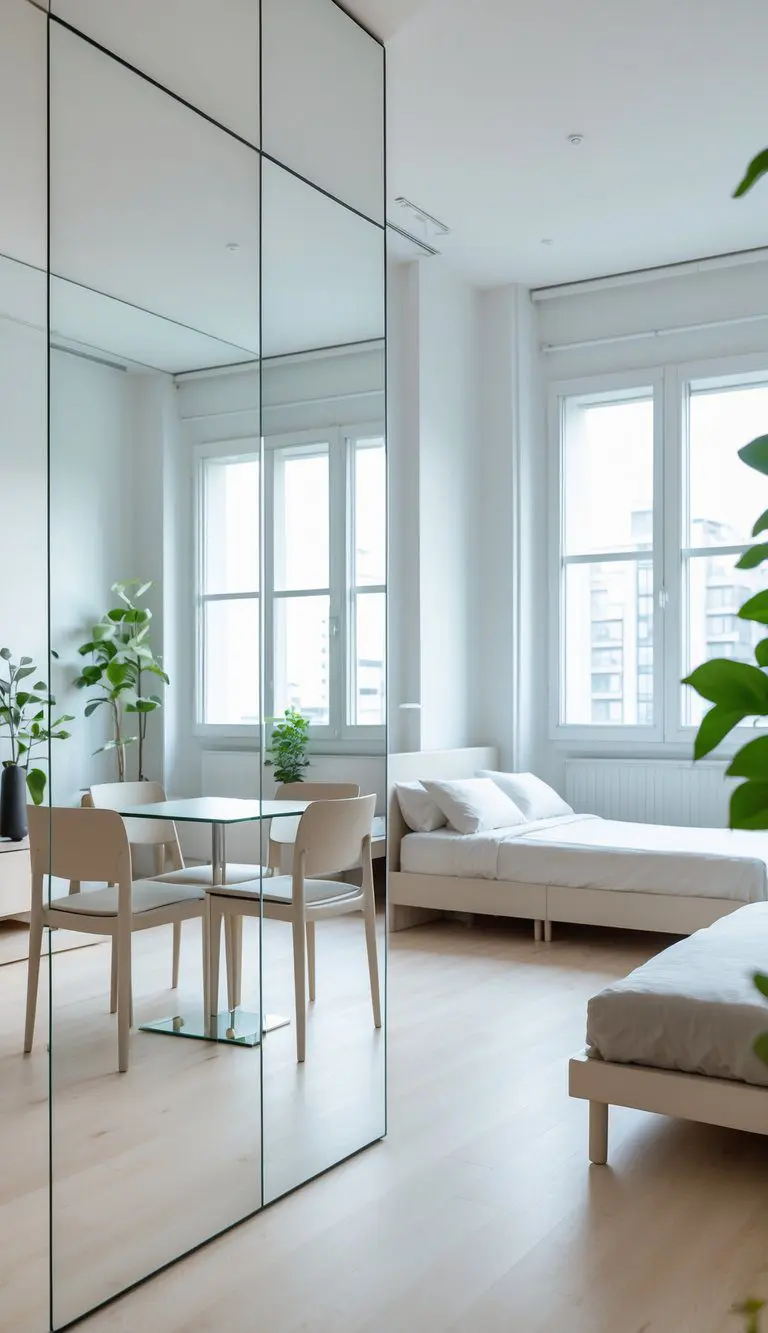 A small studio apartment with large wall mirrors reflecting natural light, simple furniture, and plants, creating an open and bright living space.