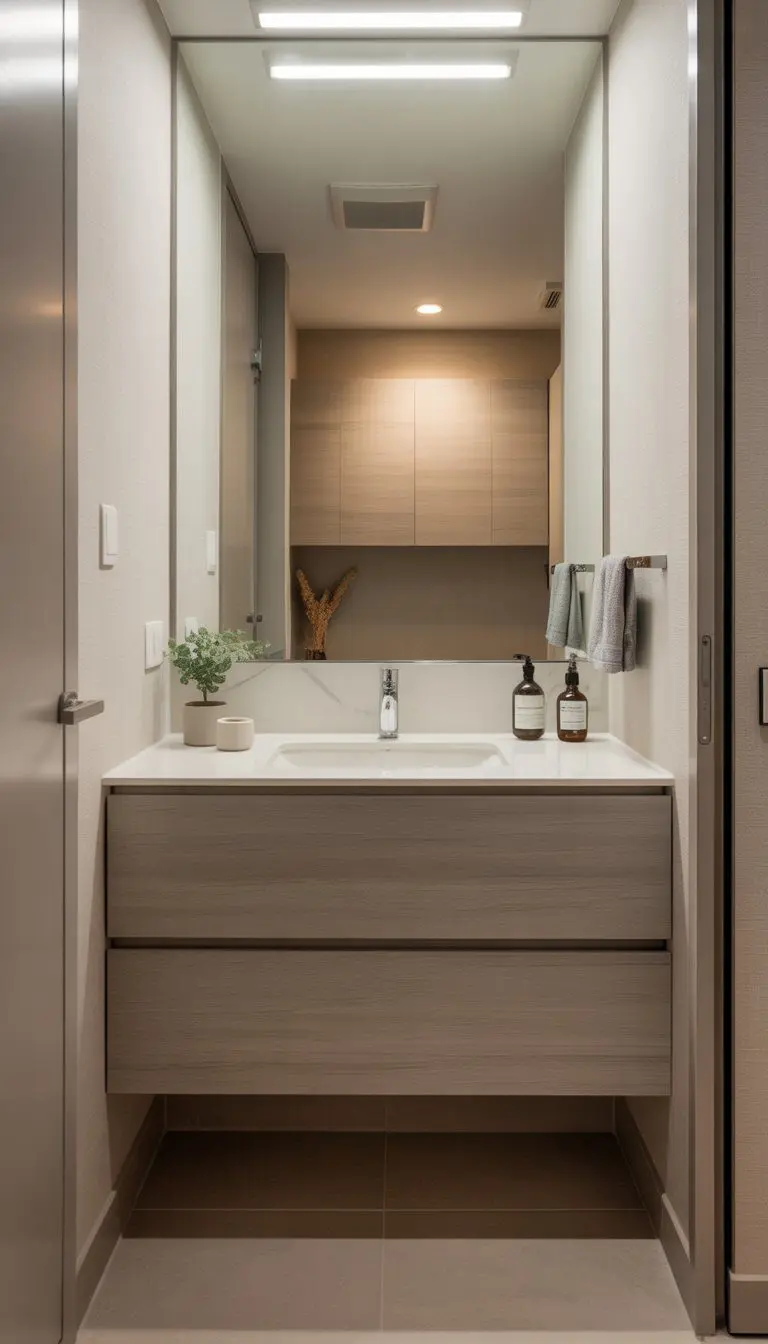 Small bathroom with a wall-mounted floating vanity, mirror, and tiled floor, showing open floor space beneath the vanity.