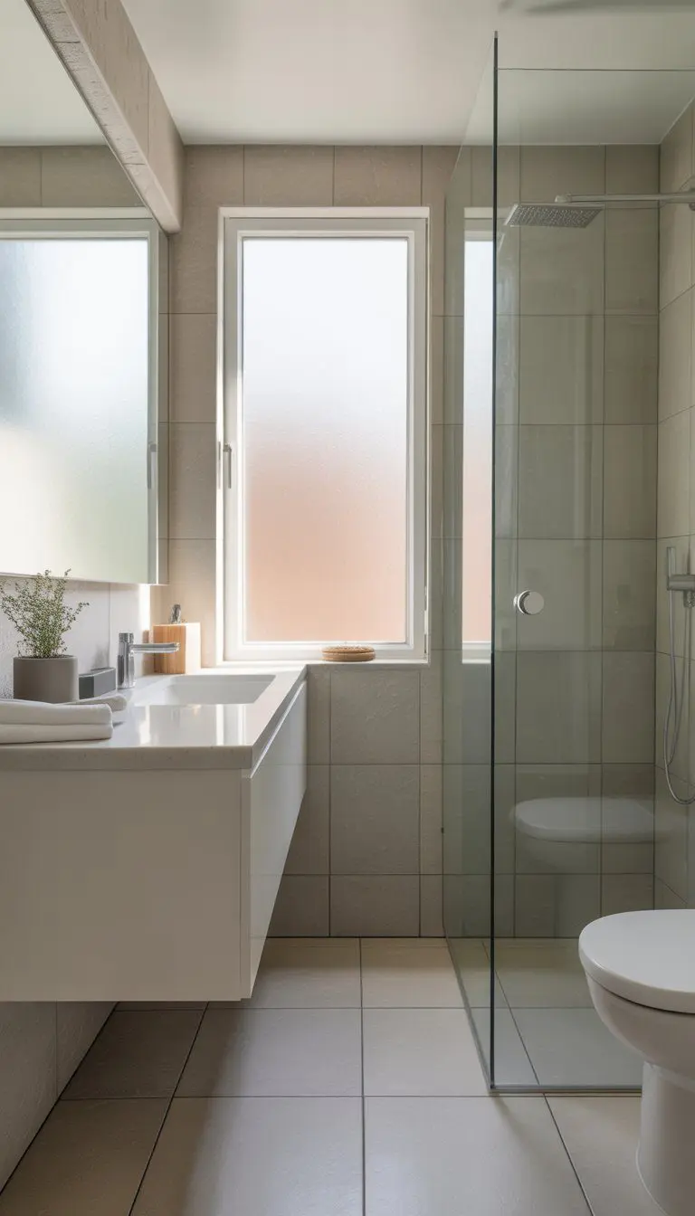 A small condo bathroom with large-format tiles, a floating vanity, glass shower enclosure, and natural light.