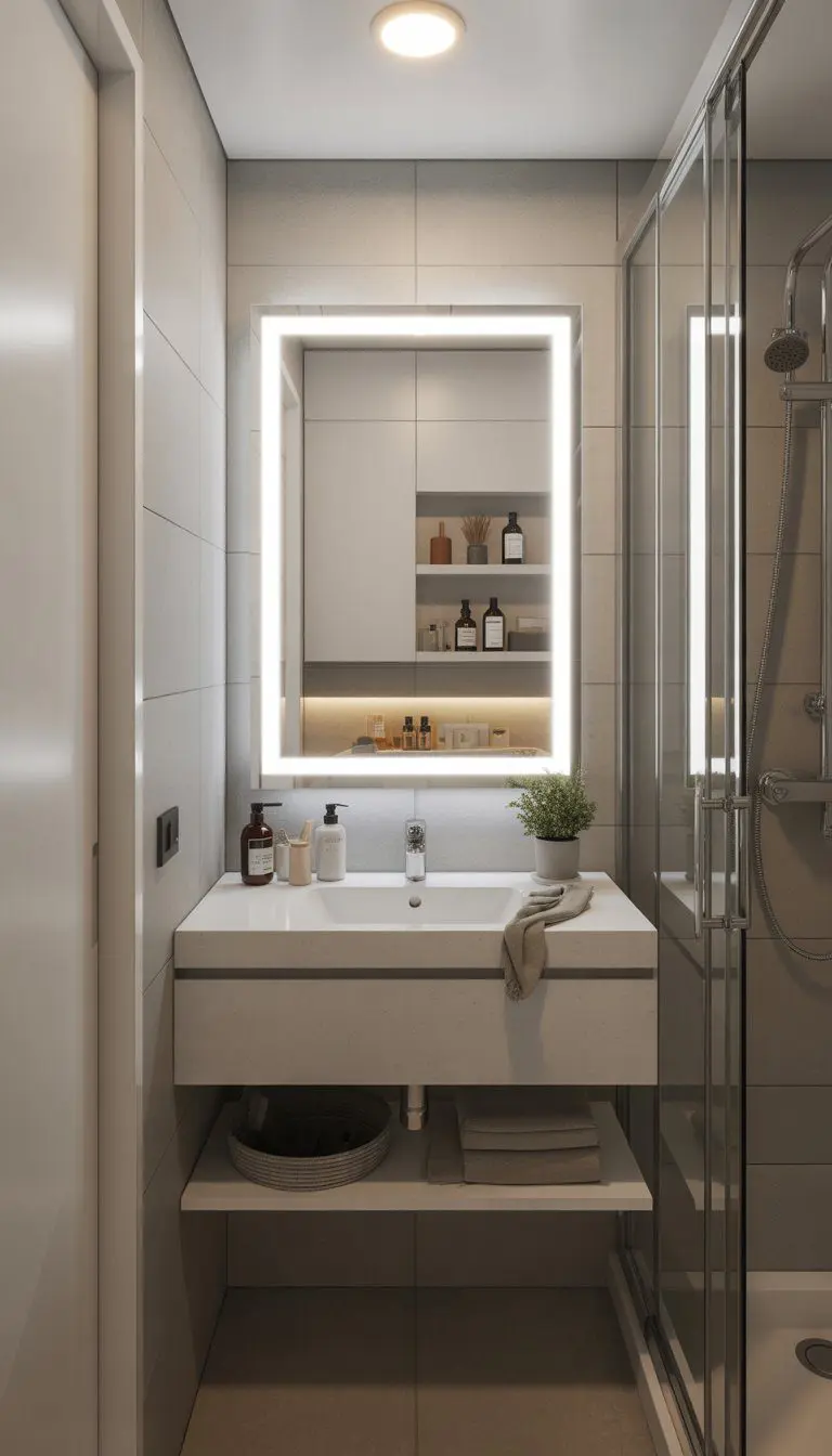 A small condo bathroom with an LED backlit mirror featuring built-in storage, a floating vanity, glass shower, and neatly organized toiletries.