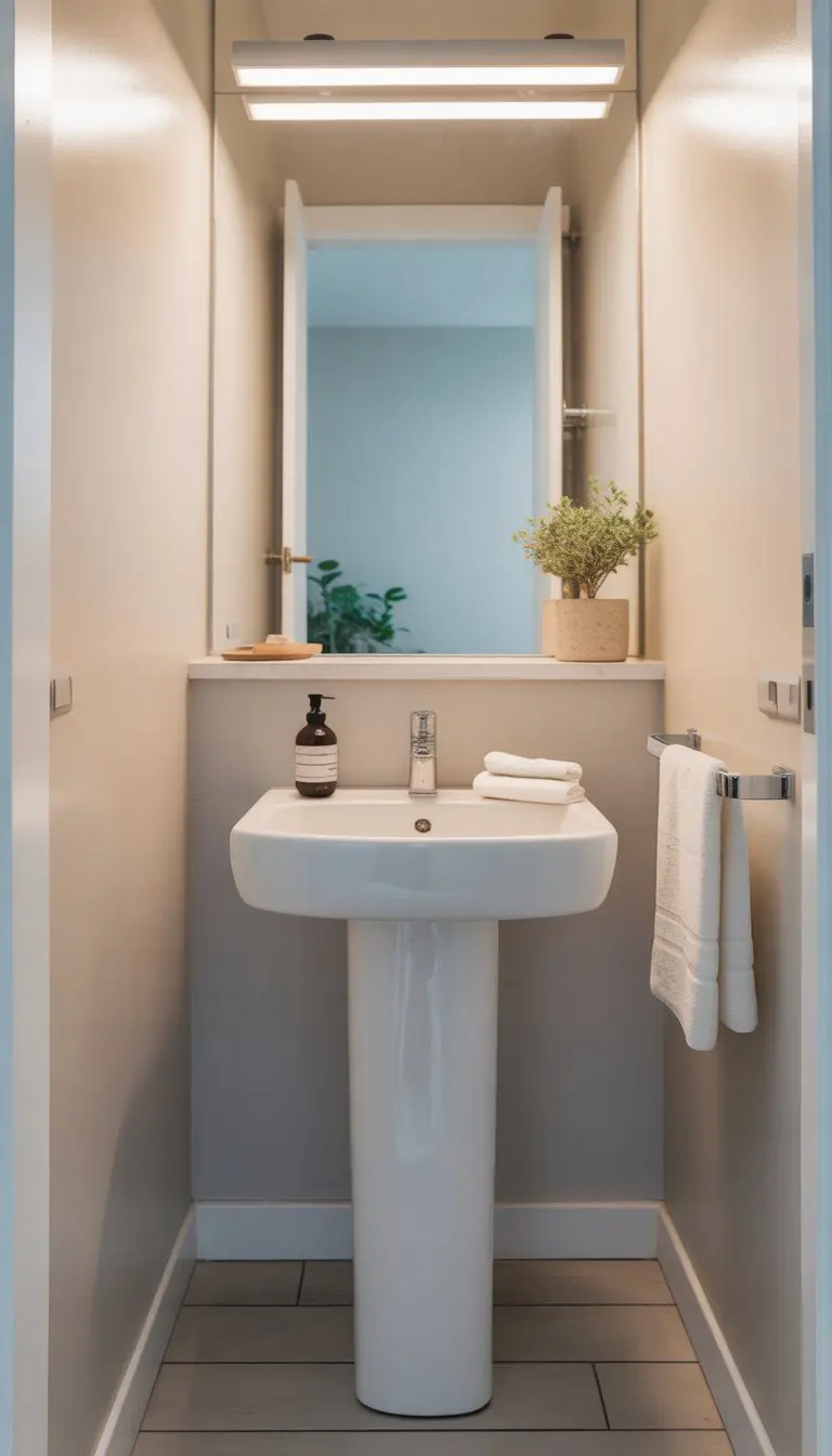 A small bathroom with a white pedestal sink, a mirror, and a towel rack, featuring light gray tiled floor and a small plant on a shelf.