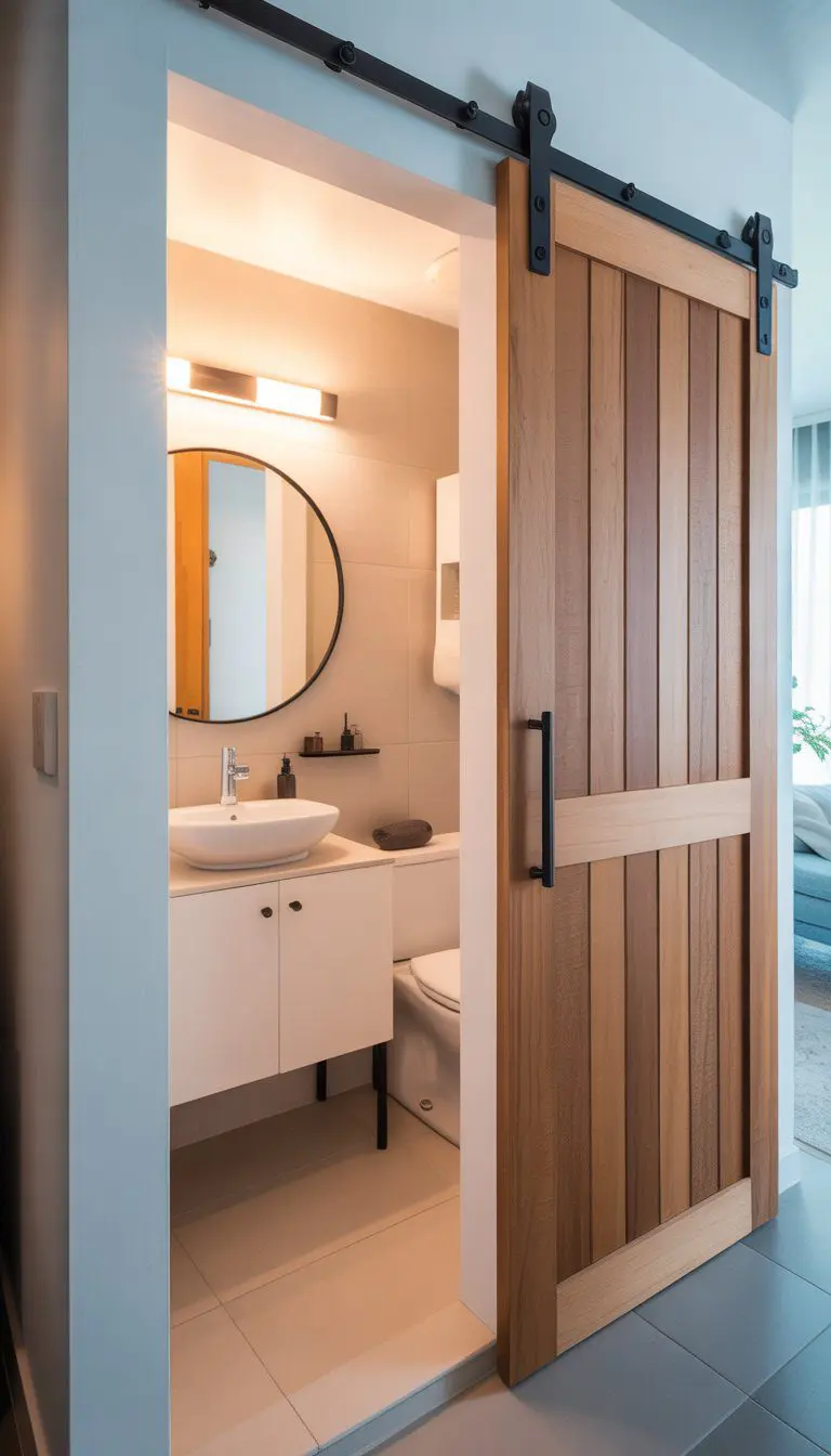 Small condo bathroom with a sliding wooden barn door partially open, showing a compact vanity, round mirror, and light-colored tiled walls and floor.