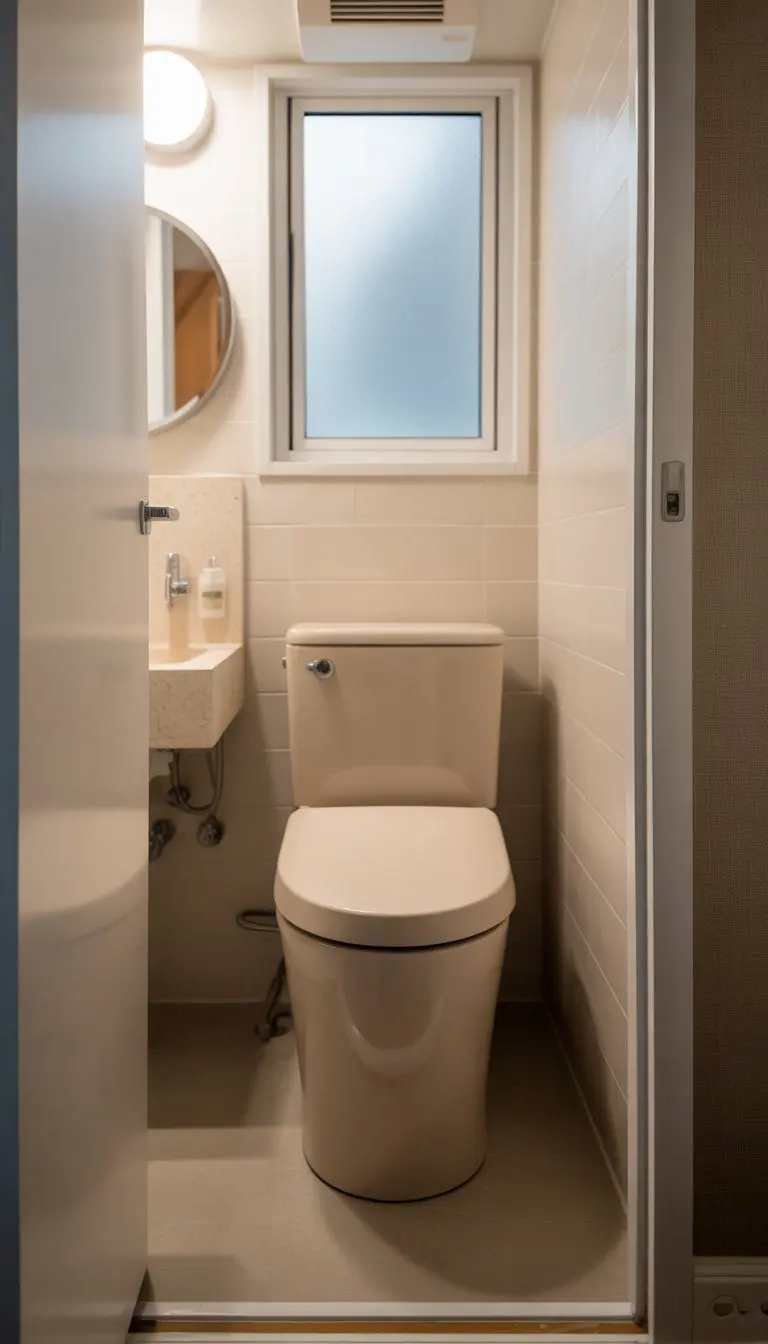 Small condo bathroom with a compact dual-flush toilet, floating vanity, and a round mirror, illuminated by natural light.